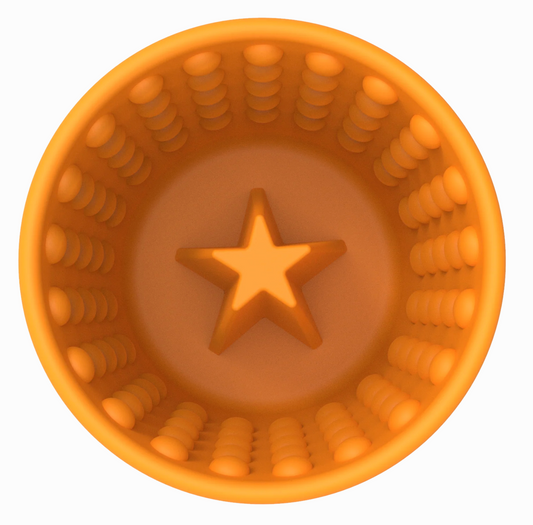 The Lickimat® Yoggie Pot dog enrichment feeder - orange - top view with grooves