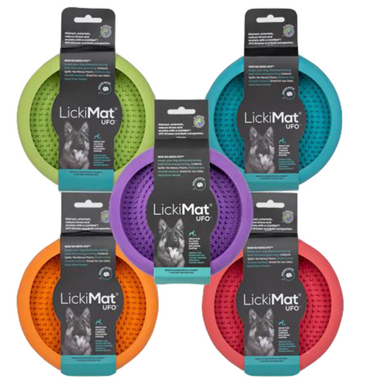 Lickimat UFO slowfeeders for dog. 5 different colours including green, blue, purple, orange and pink