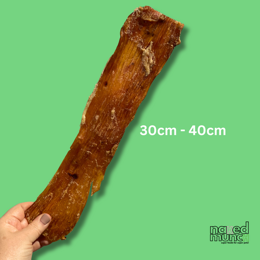 A person holding a large beef tendon dog chew, with a rough estimate of its length between 30cm to 40cm, against a green background with the brand 'naked munch' visible.