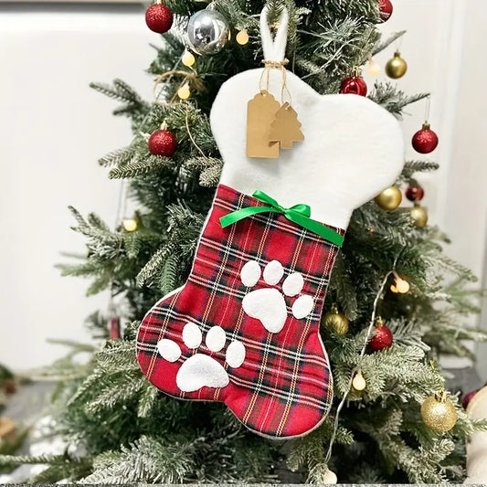 Red and white gingham print dog christmas stocking 