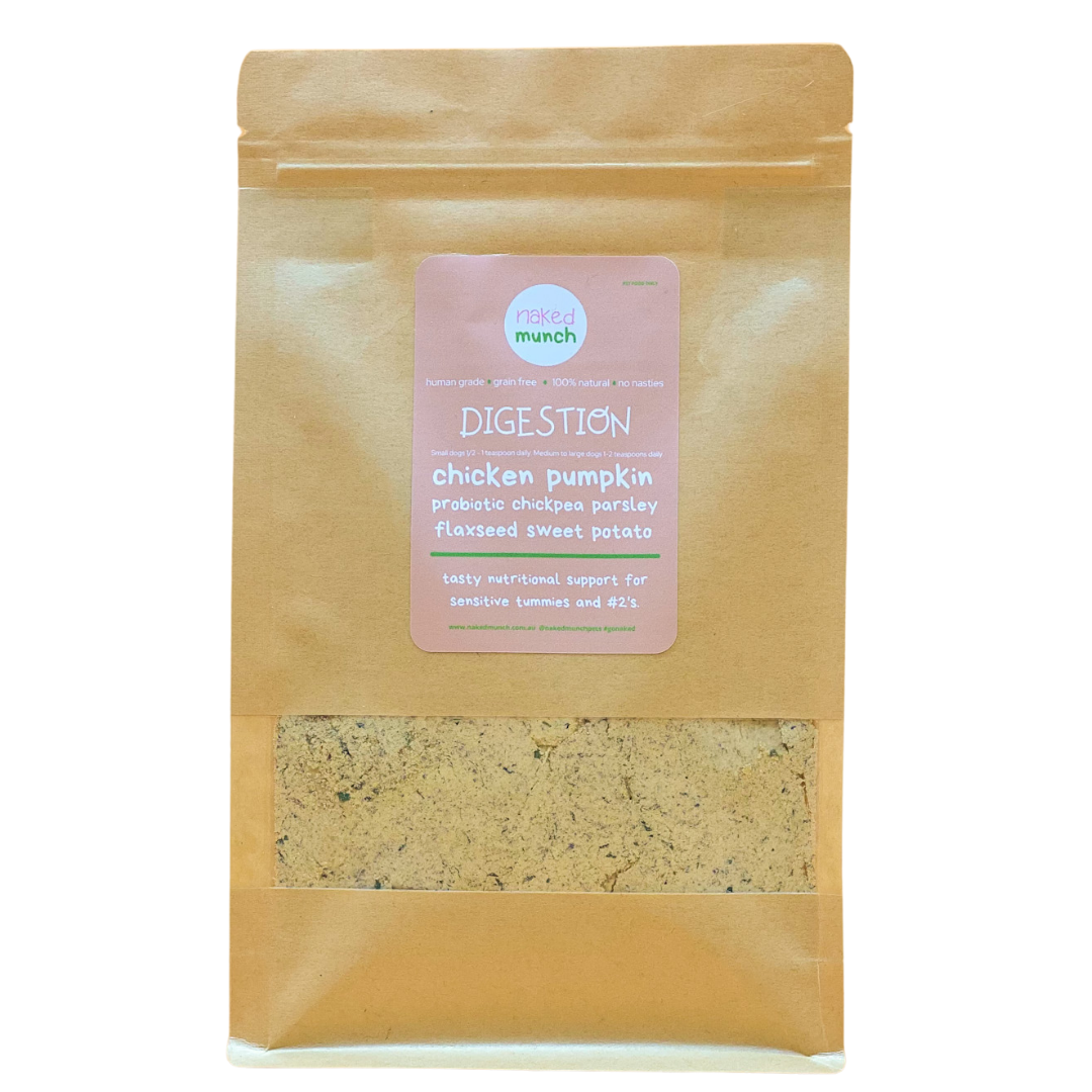 Digestion meal booster for dogs including pumpkin, chicken, probiotic, chickpea, parsley, flaxseed and sweet potato - Naked Munch Pets 