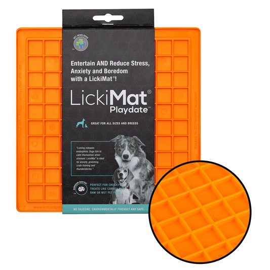 Orange Lickimat Playdate with white background and black label